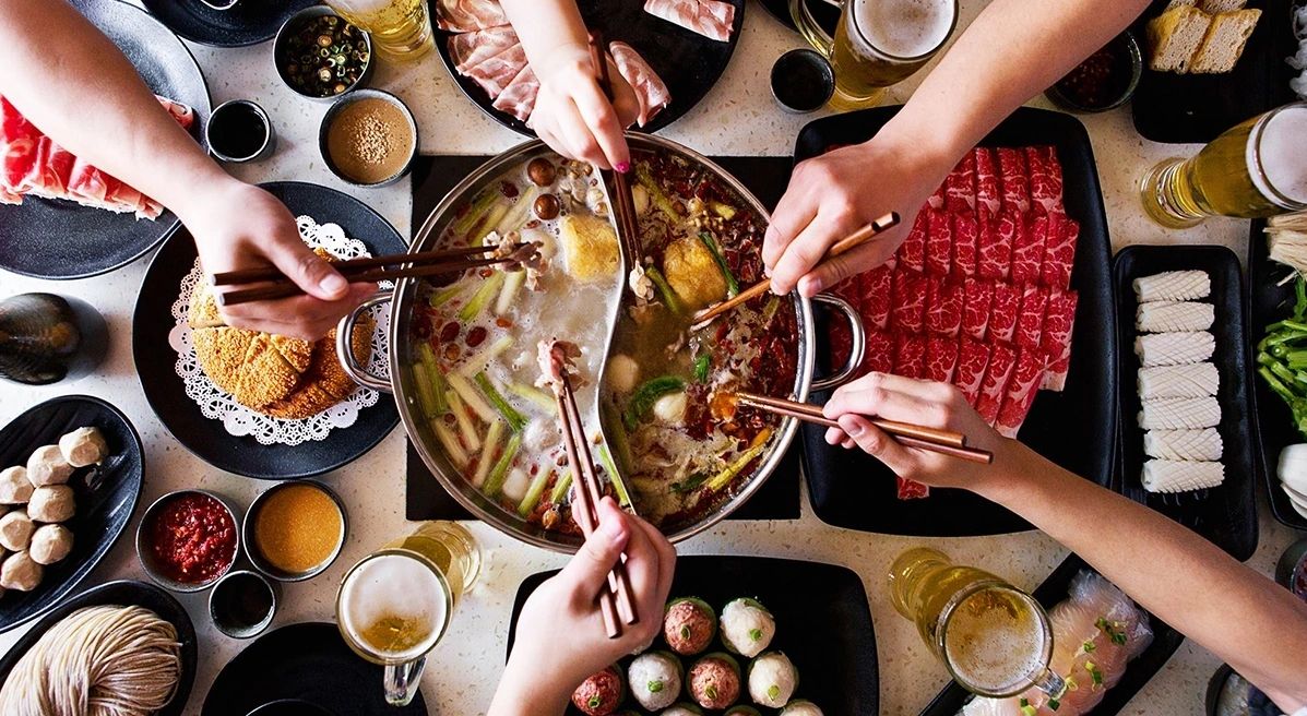 House original and spicy broths, lamb shoulder at Little Sheep Mongolian Hot Pot in Kearny Mesa (Convoy), San Diego