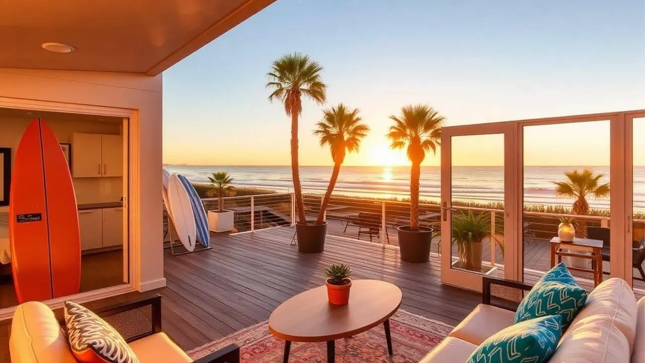 San Diego beachfront Airbnb rental deck with surfboards and palm trees overlooking the Pacific Ocean