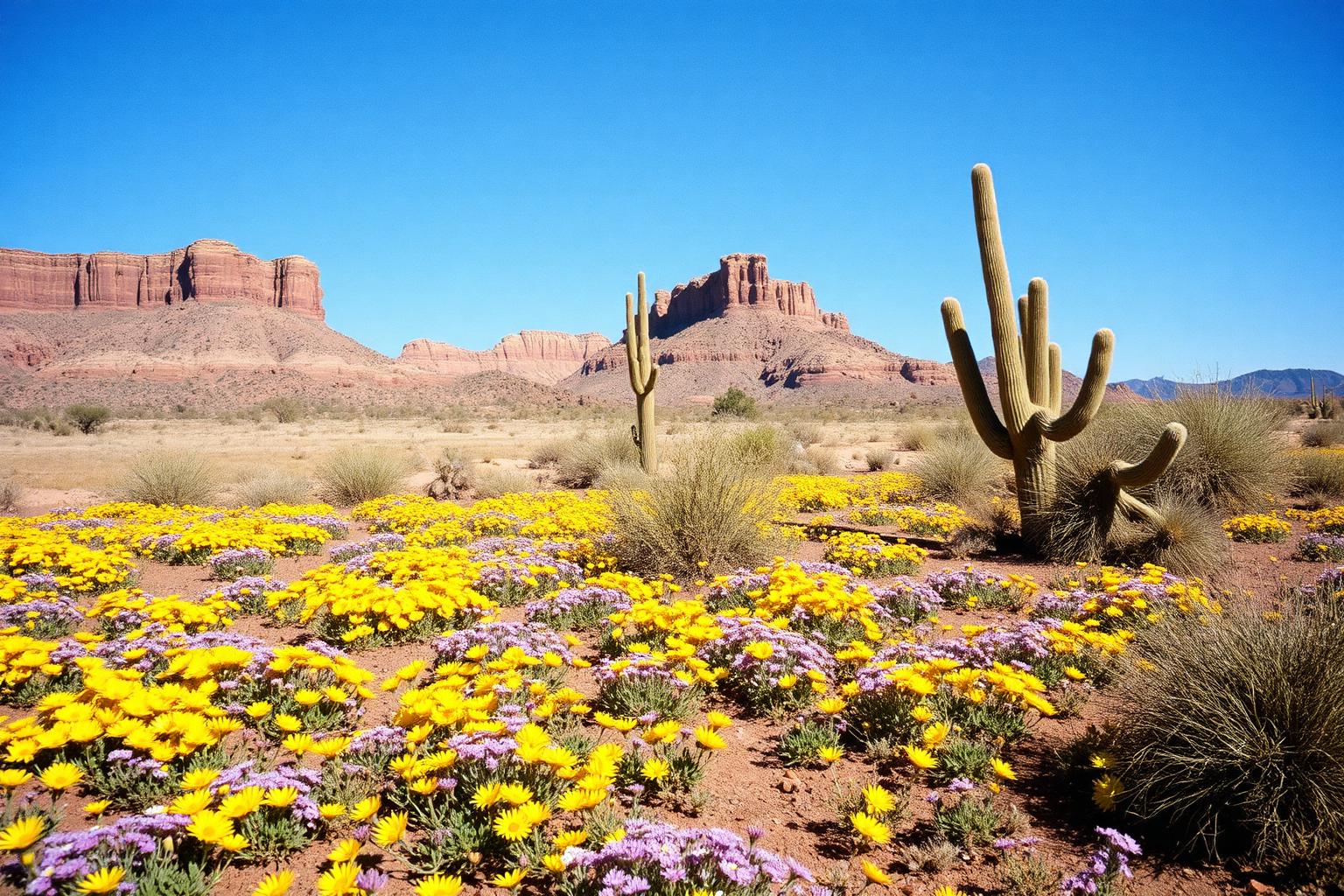Yellow and purple desert wildflowers carpeting the floor of Anza-Borrego with badlands behind