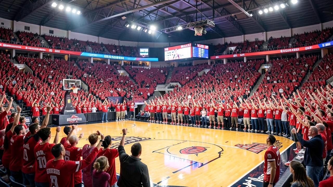 Packed college basketball arena with a red-clad student section standing and cheering during a game