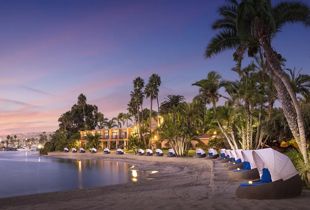 Bayfront lawn and palms at the Bahia Resort Hotel on Mission Bay in San Diego