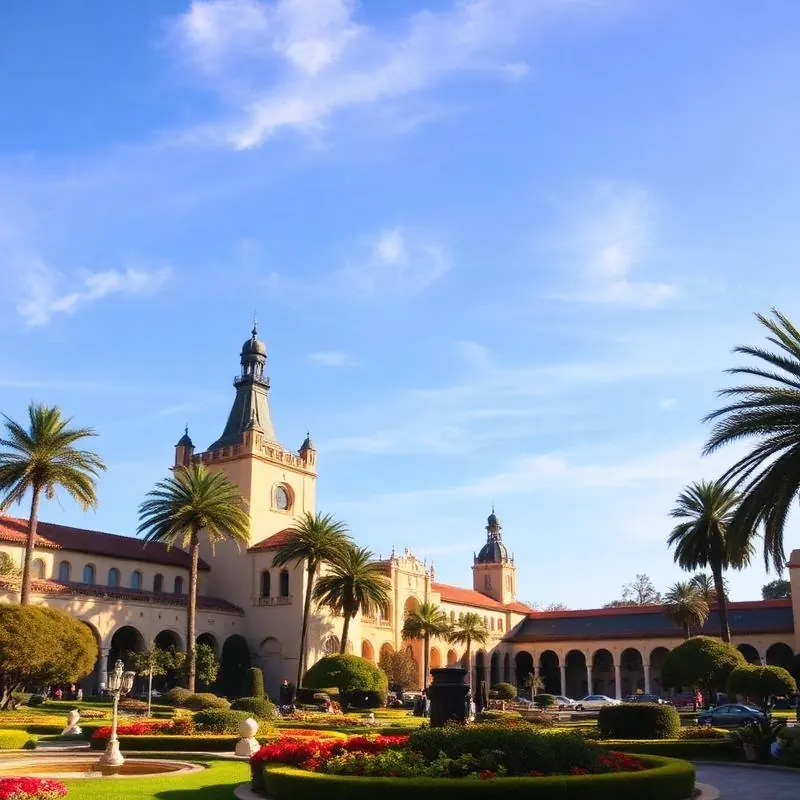 Parking lots and Spanish colonial buildings in Balboa Park, San Diego