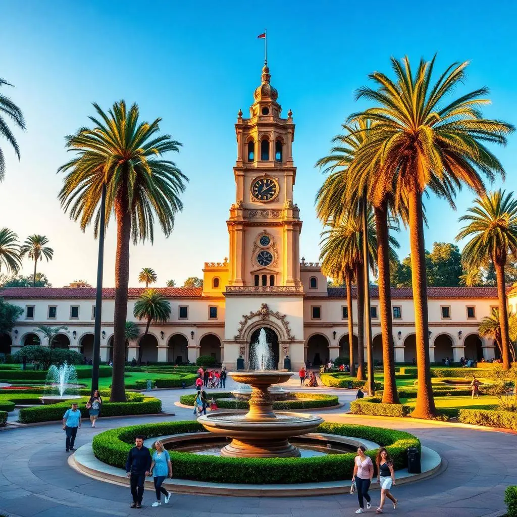 Arquitectura colonial española y jardines del Balboa Park en San Diego