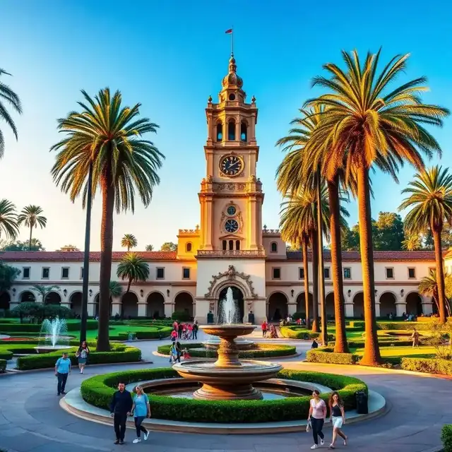 Balboa Park's California Tower and Spanish Colonial Revival architecture with palm trees and central fountain in San Diego