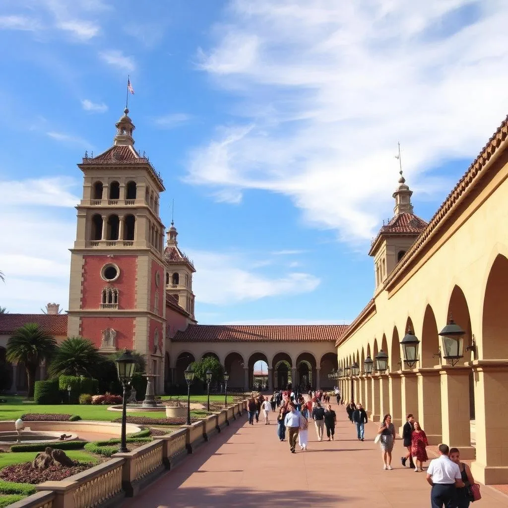 Spanish colonial museum buildings along El Prado in Balboa Park, San Diego