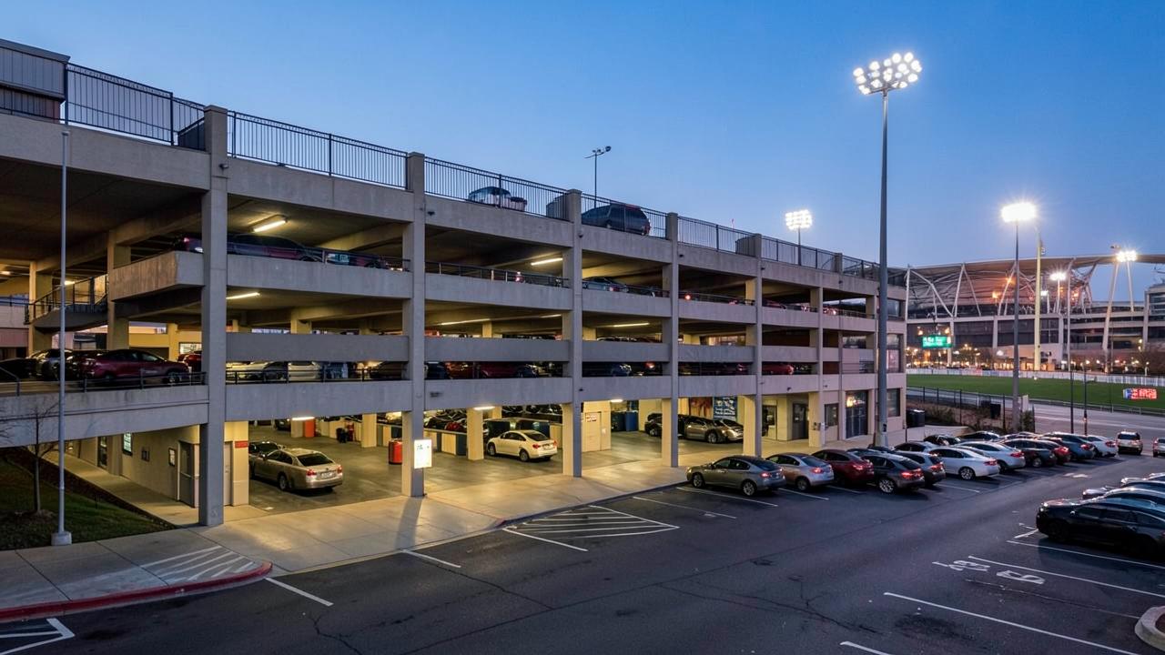 Multi-level parking garage near a downtown stadium at dusk with cars queuing to enter