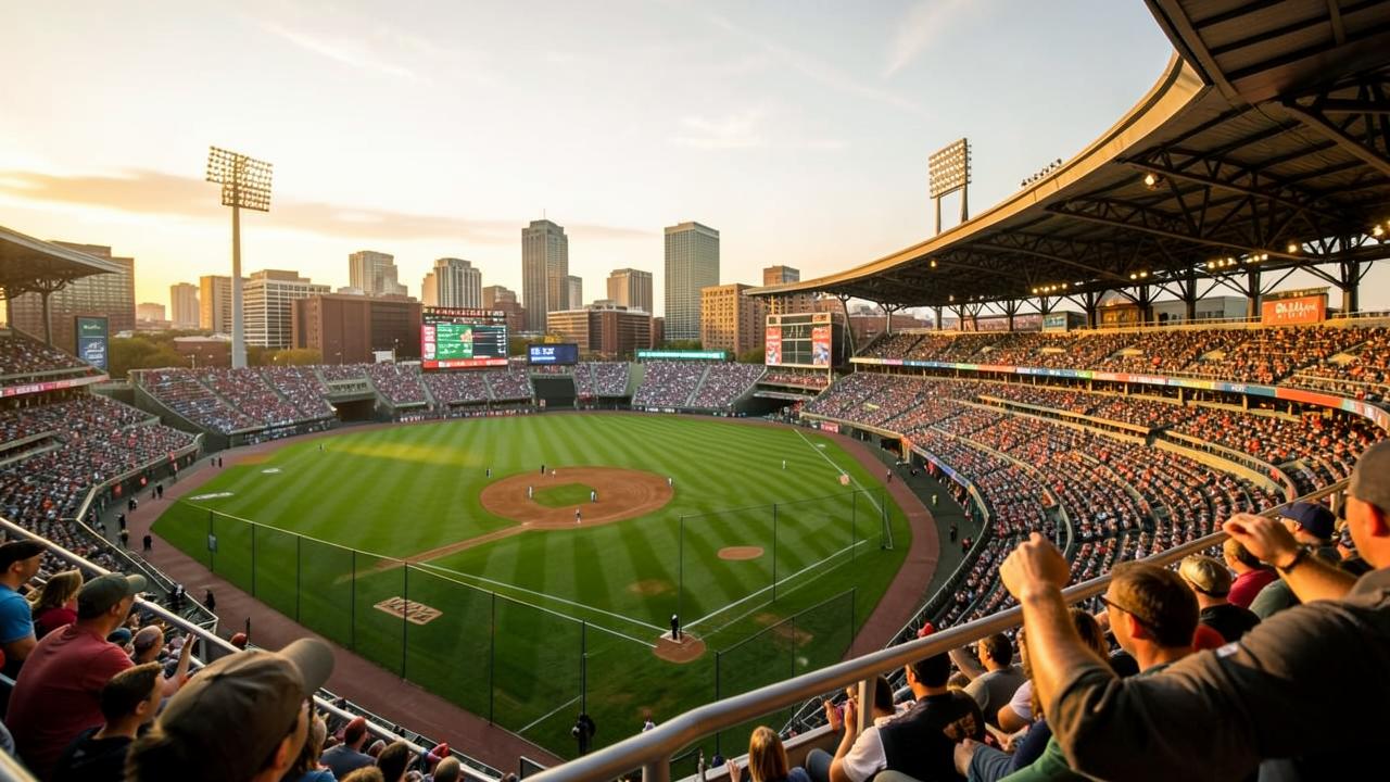 View of a downtown baseball stadium seating bowl and field from the upper deck at golden hour