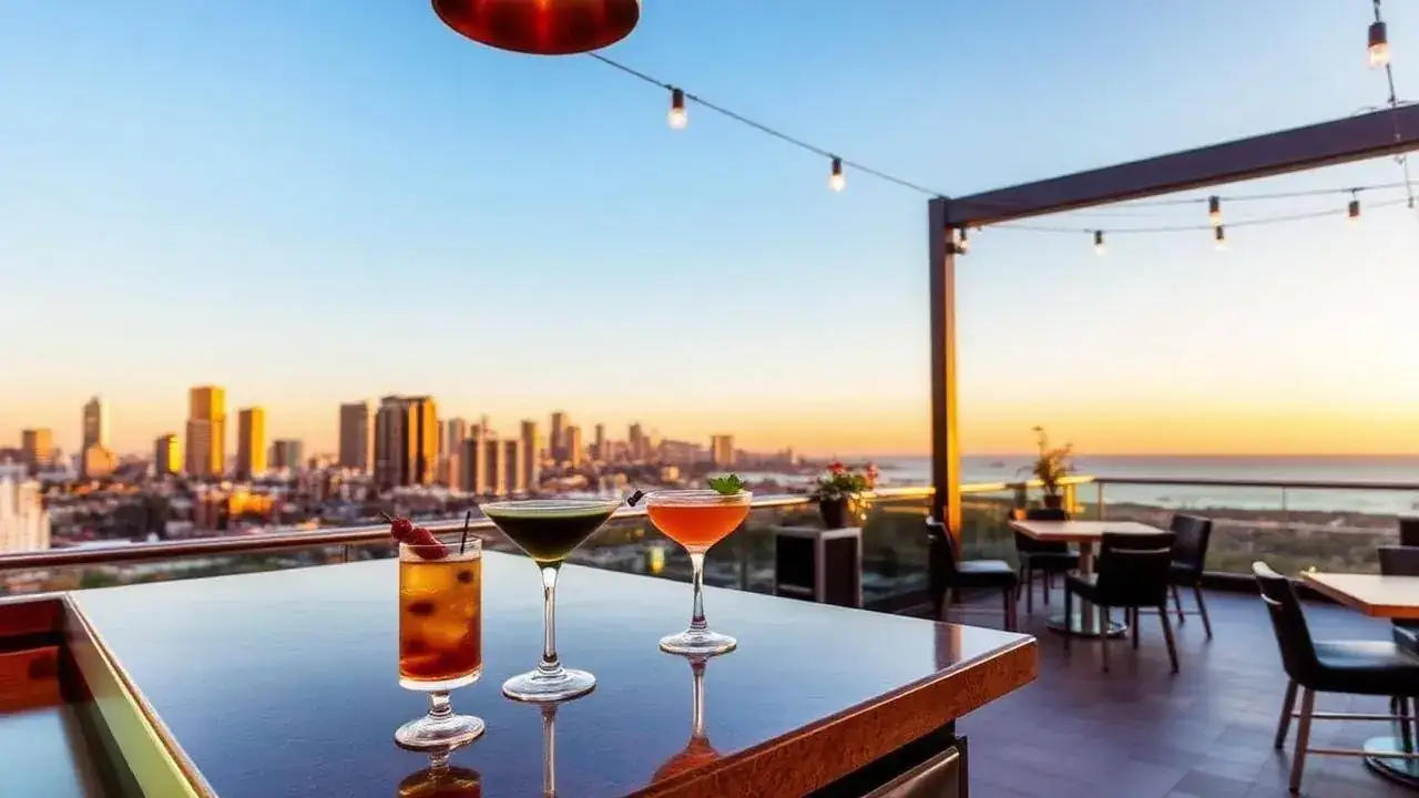 Rooftop cocktail bar in San Diego at sunset