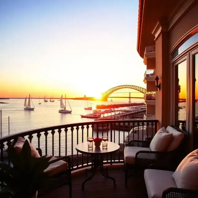 Luxury hotel balcony overlooking San Diego Bay at sunset with sailboats