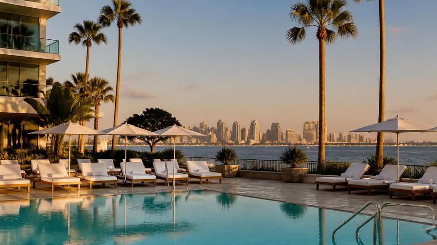 Oceanfront San Diego hotel pool deck at golden hour with palm trees and the downtown skyline across the bay