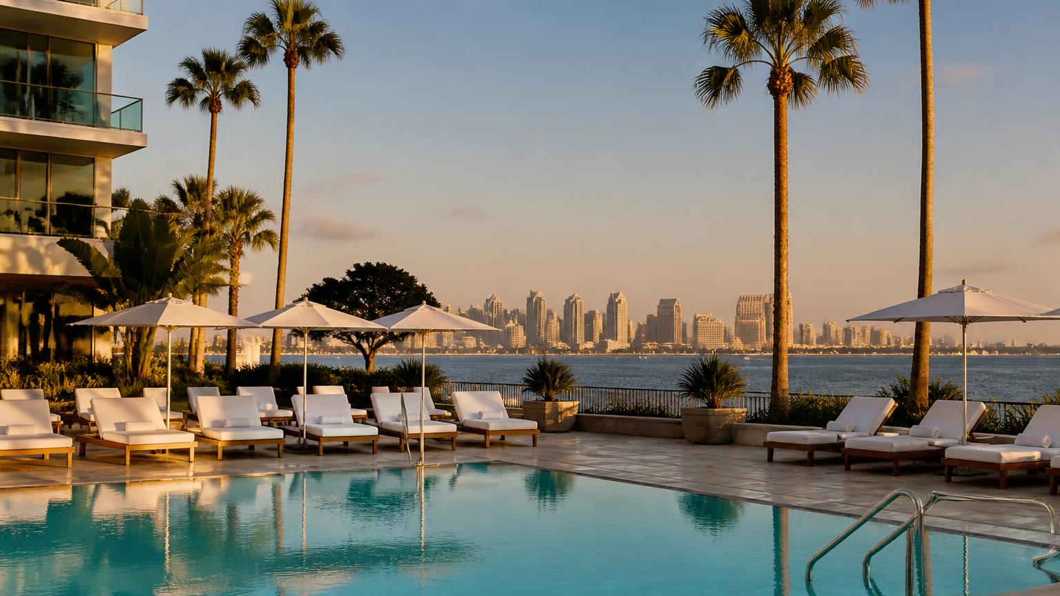 Oceanfront San Diego hotel pool deck at golden hour with palm trees and the downtown skyline across the bay