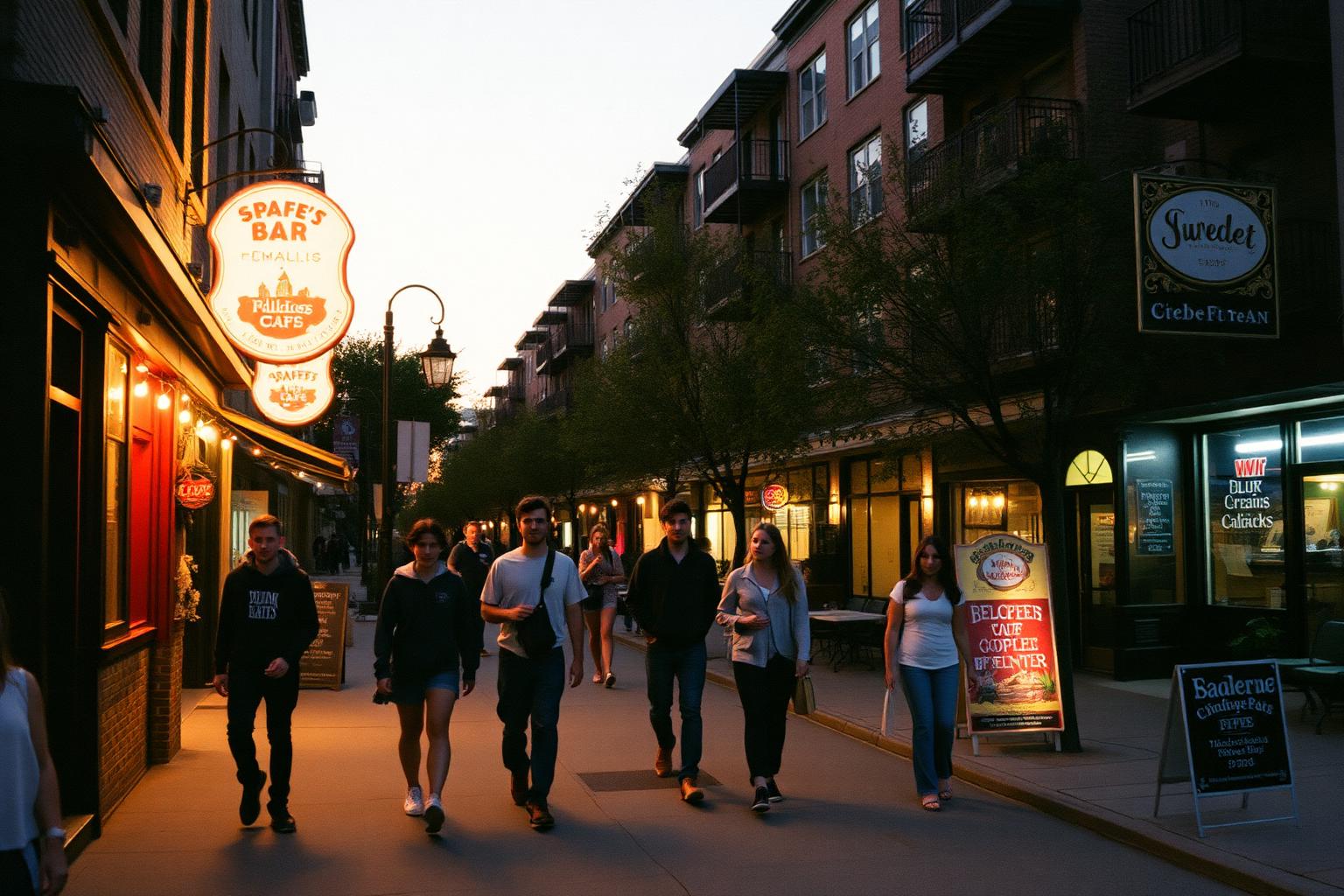 Walkable San Diego neighborhood street at dusk lined with bars and cafes as people walk the sidewalk