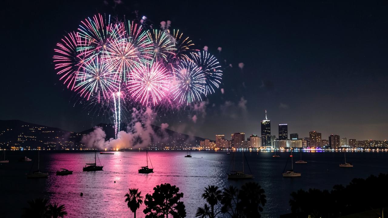 Fourth of July fireworks bursting over San Diego Bay with the downtown skyline and moored sailboats below