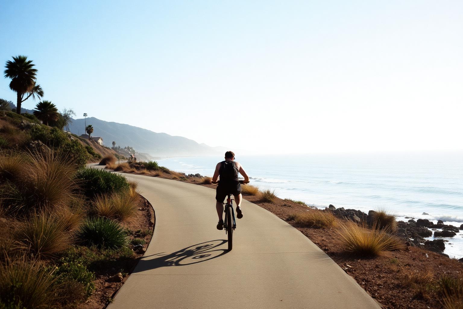 Cyclist riding a paved coastal bike path above the ocean in San Diego on a clear morning