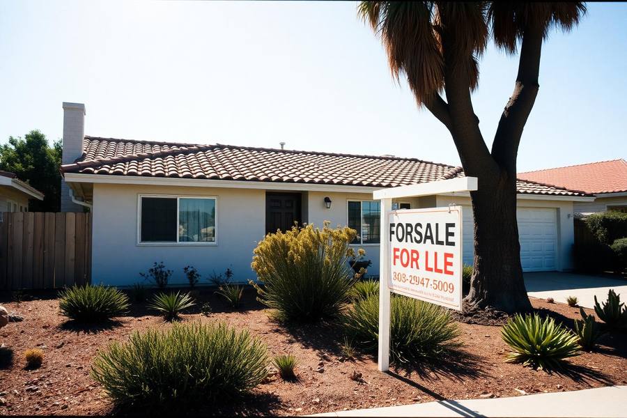 For-sale sign in front of a single-story stucco San Diego home with drought-tolerant landscaping