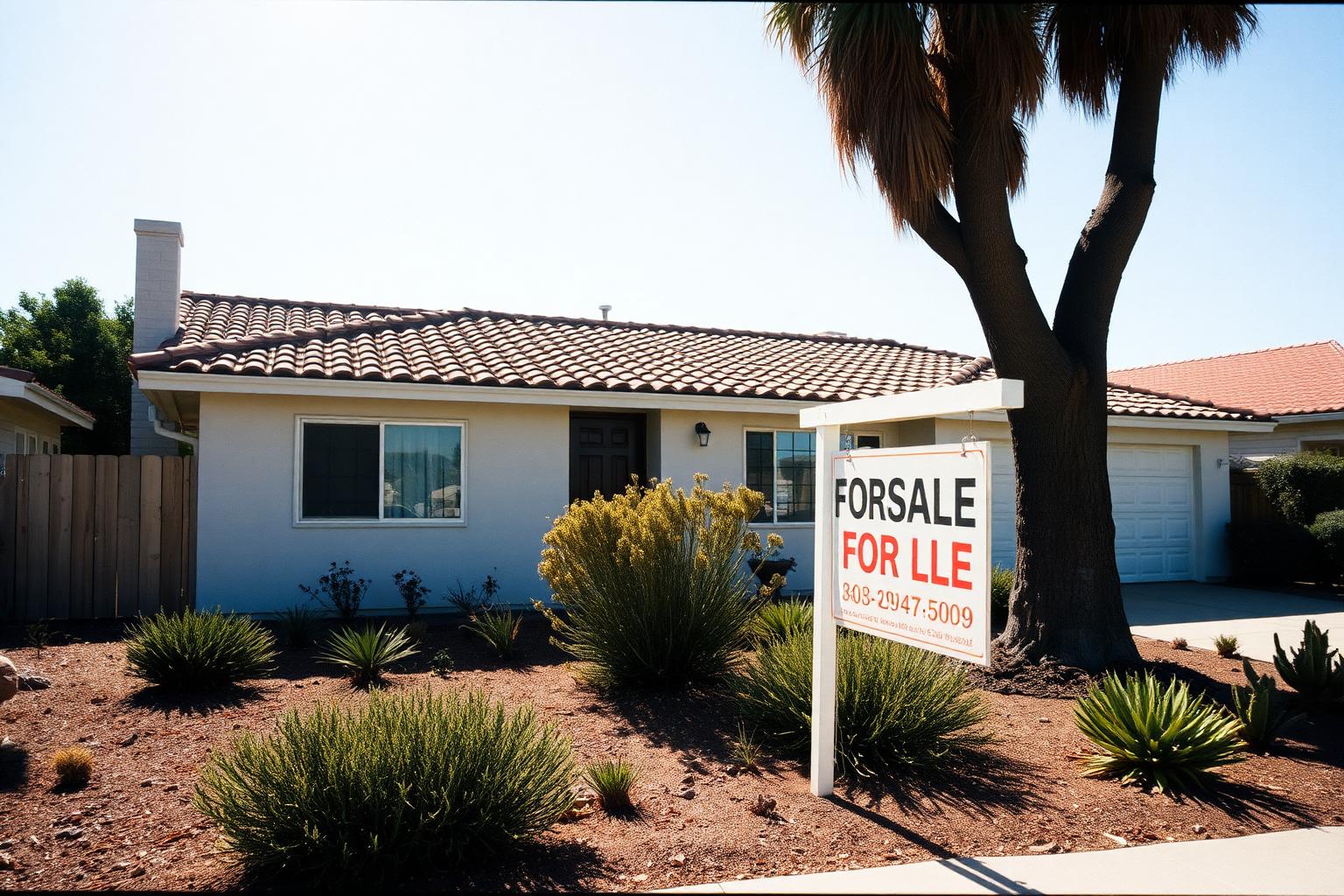 For-sale sign in front of a single-story stucco San Diego home with drought-tolerant landscaping