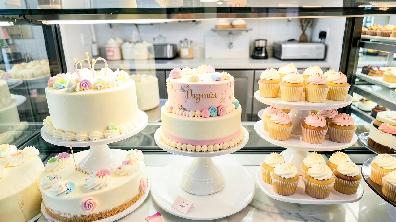 Bakery display case of custom celebration cakes and frosted cupcakes in San Diego