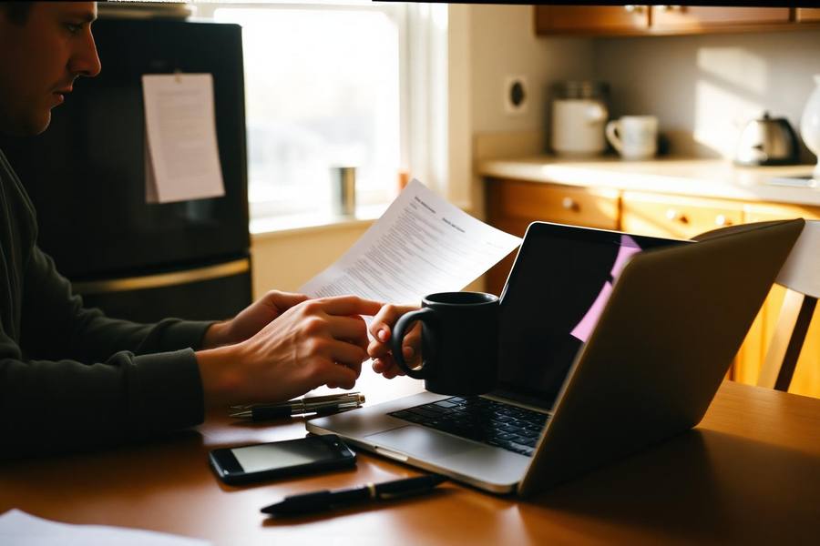 Person at a kitchen table reviewing insurance paperwork beside a laptop in morning light