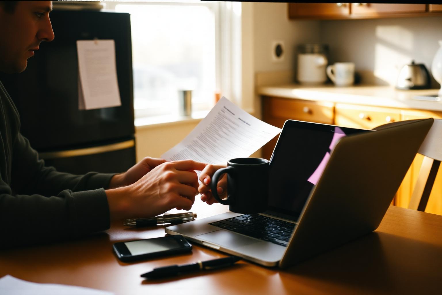 Person at a kitchen table reviewing insurance paperwork beside a laptop in morning light