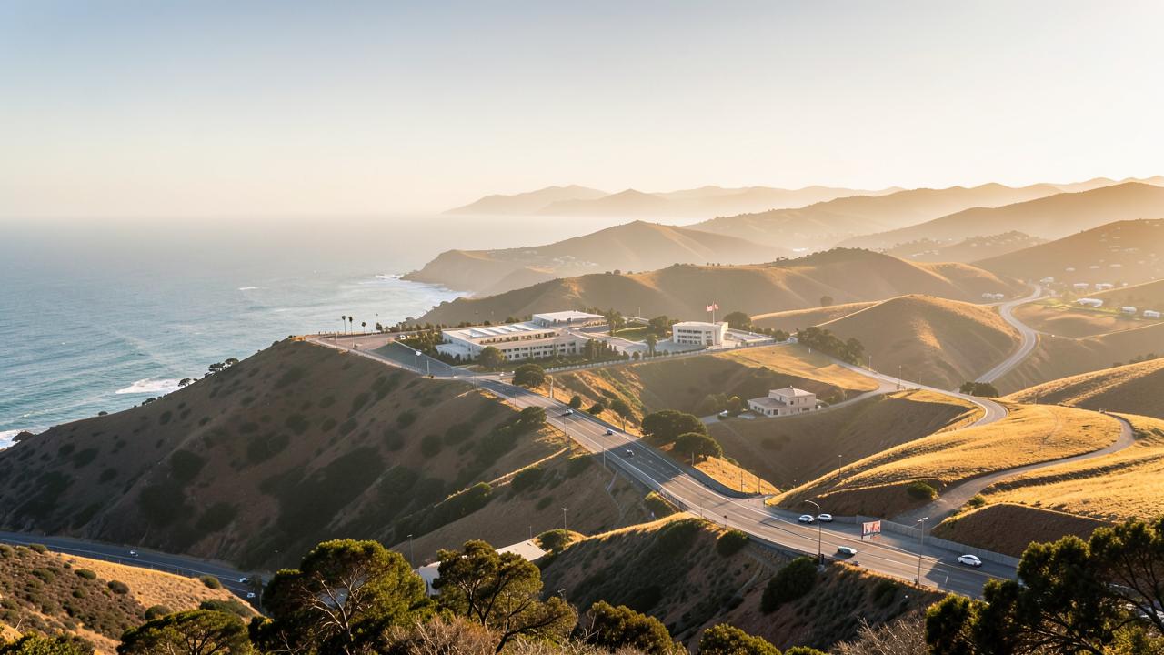Golden coastal hills and a two-lane road along the Southern California coastline near Camp Pendleton at sunrise
