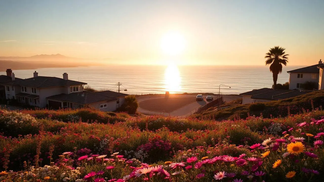 Carlsbad coastline with the seawall walkway, flower fields inland, and beachfront homes