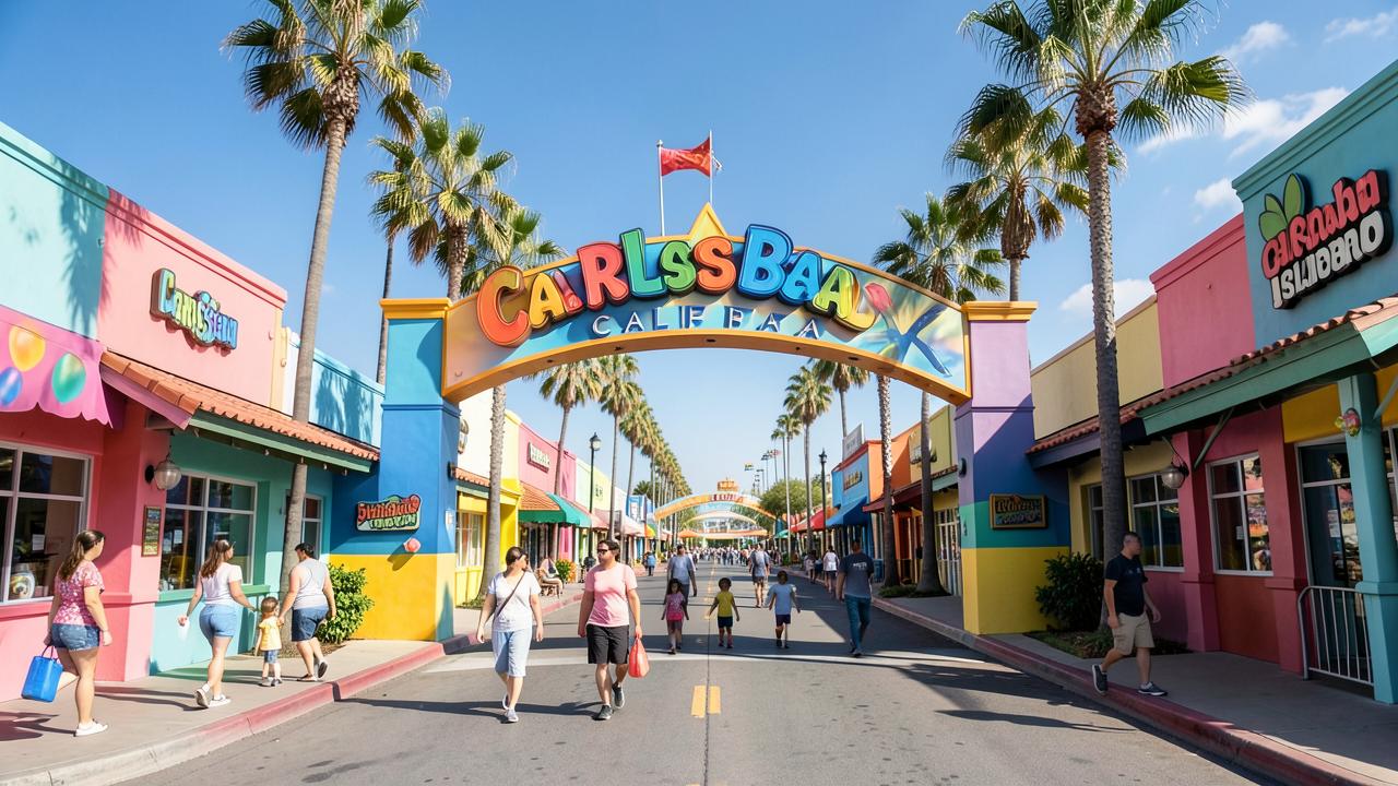 Families walking through a colorful California theme park entrance in Carlsbad