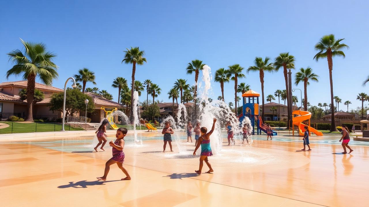 Children playing in a bright suburban splash pad and playground in Chula Vista under palm trees