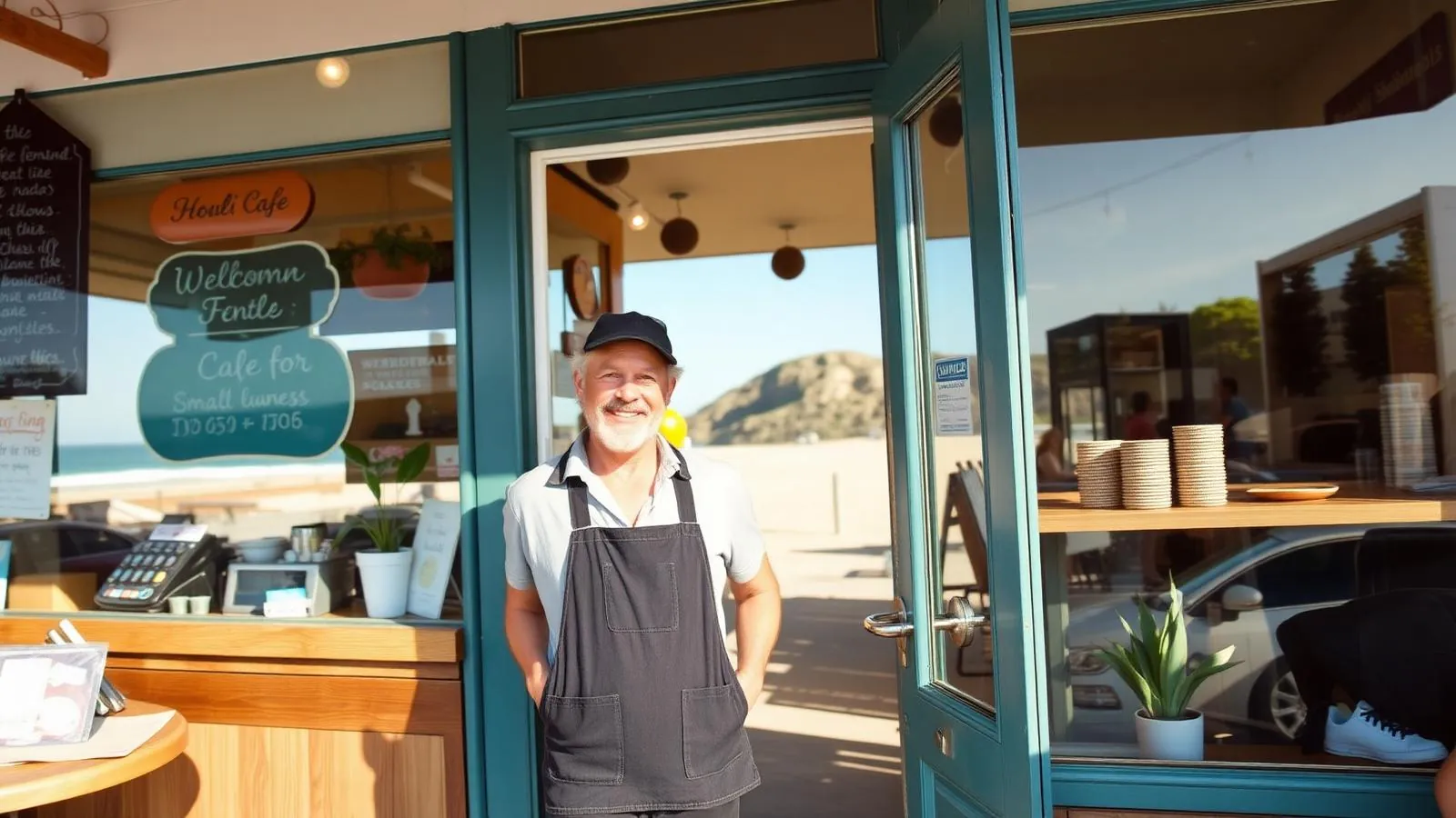 San Diego small business owner standing in the doorway of a coastal cafe
