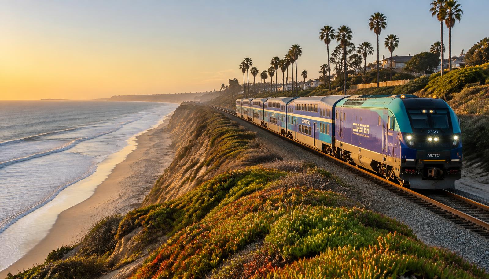 Commuter train running along the coast in North County San Diego