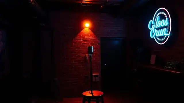 Vintage microphone on a spotlit stage at a San Diego comedy club with exposed brick wall and warm neon glow