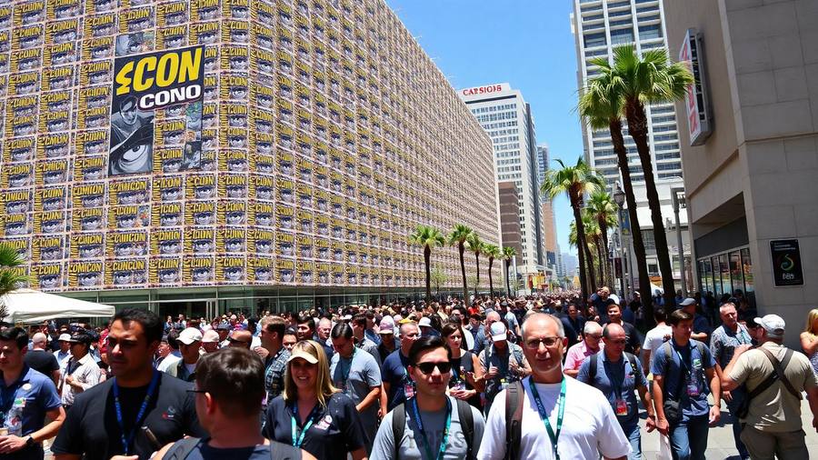 Comic-Con crowds walking past banner-covered buildings in downtown San Diego during convention week