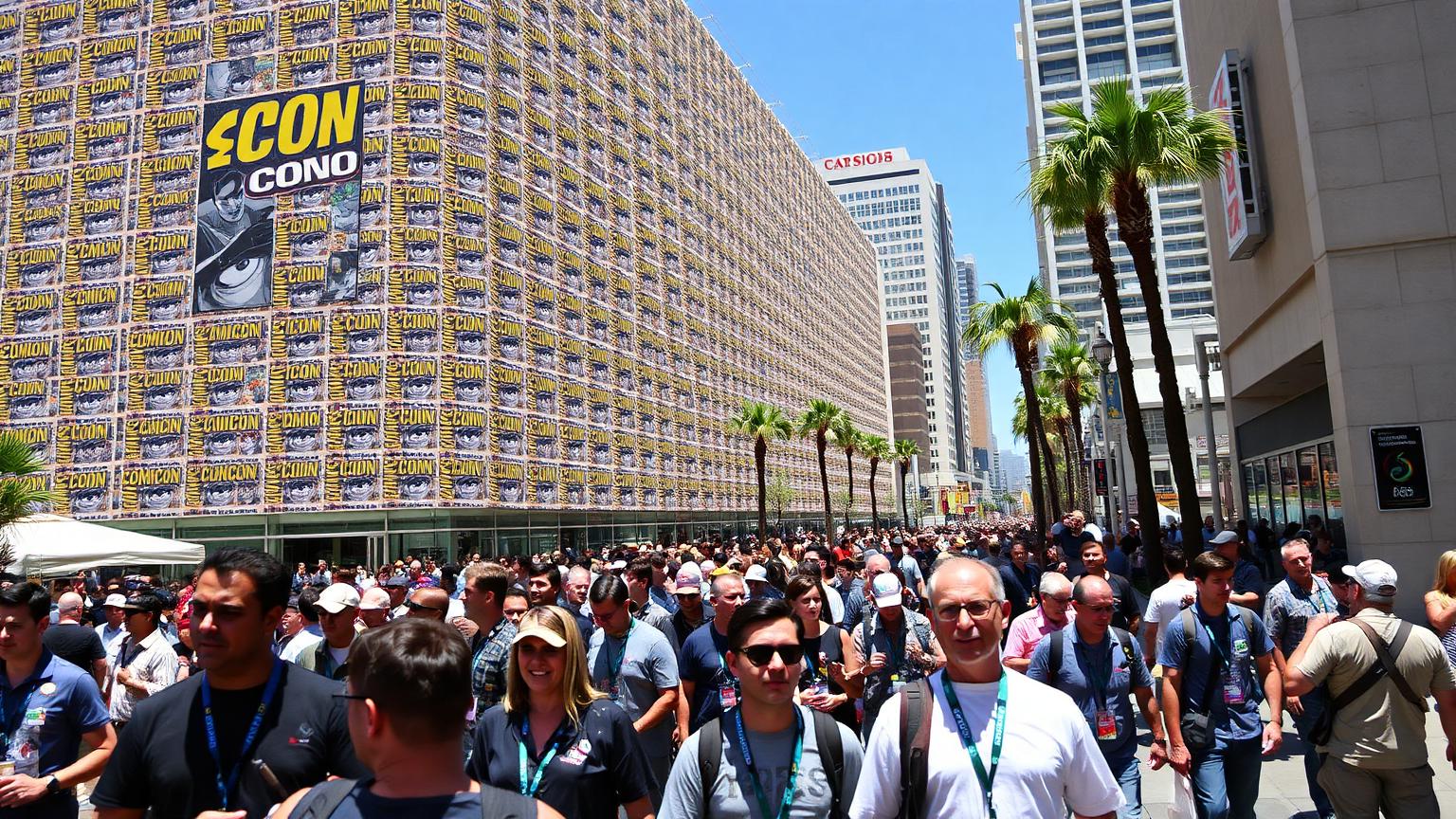 Comic-Con crowds walking past banner-covered buildings in downtown San Diego during convention week