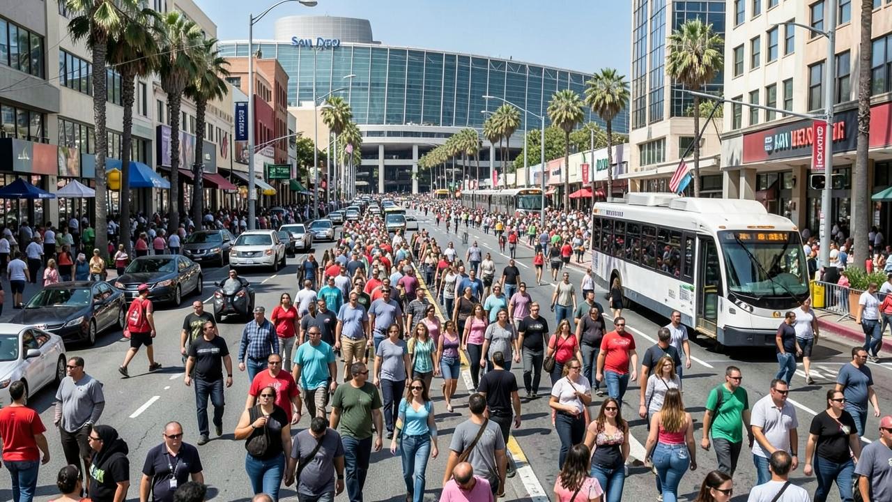 Crowds walking a closed downtown San Diego street near the convention center during Comic-Con week
