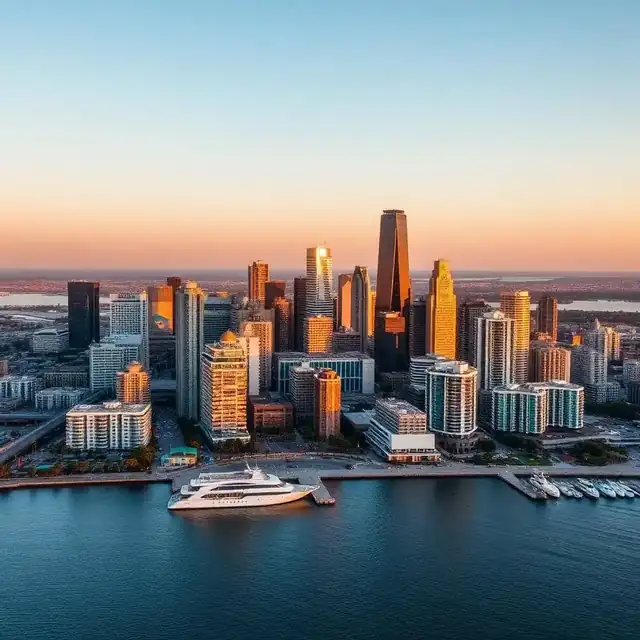 Aerial view of downtown San Diego skyline and bay at golden hour