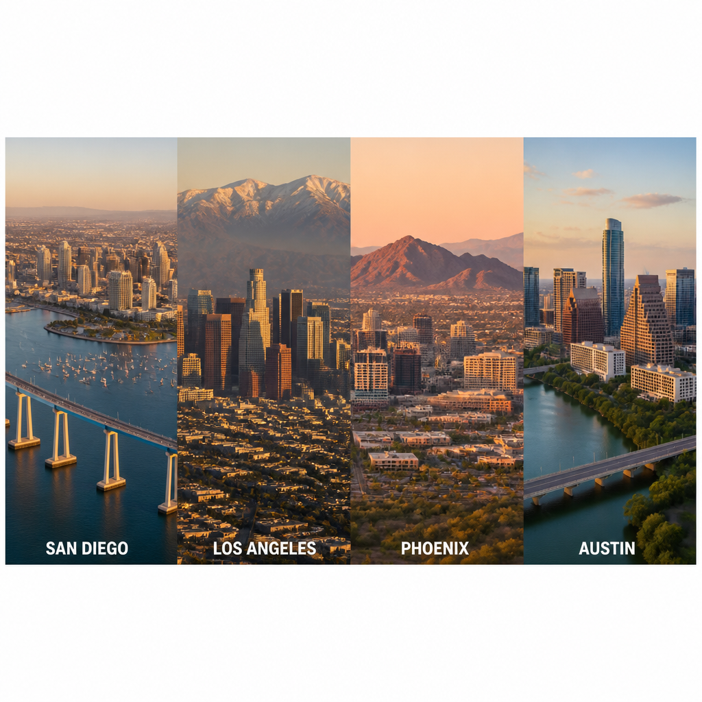 Aerial comparison of San Diego skyline, Los Angeles downtown, Phoenix desert cityscape, and Austin skyline over Lady Bird Lake