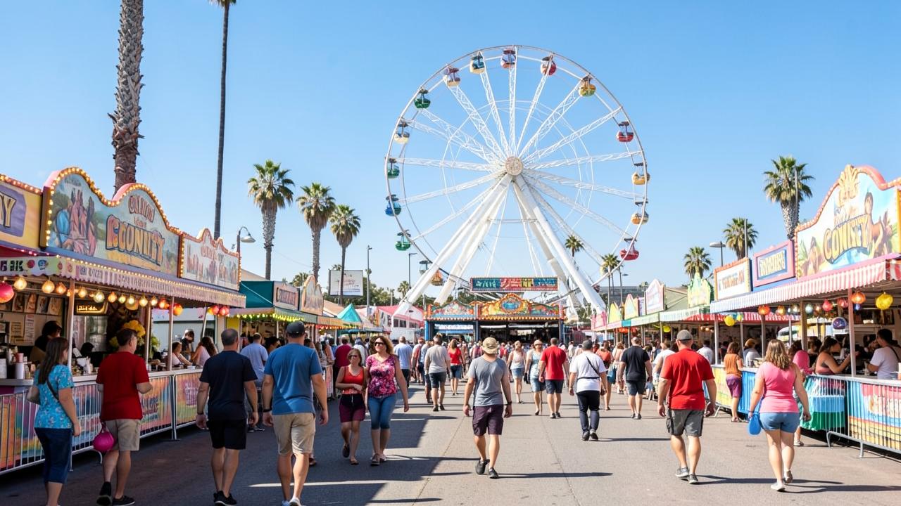 Sunny county fair midway with a Ferris wheel, colorful food stalls and families walking between games