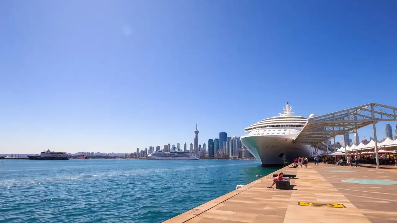 Cruise ship berthed at the San Diego waterfront with the downtown skyline behind