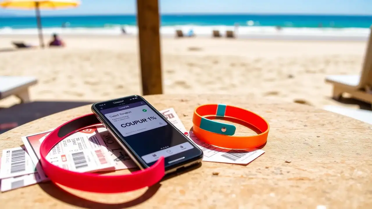 Attraction tickets, wristbands and a phone showing a discount on a beachside table