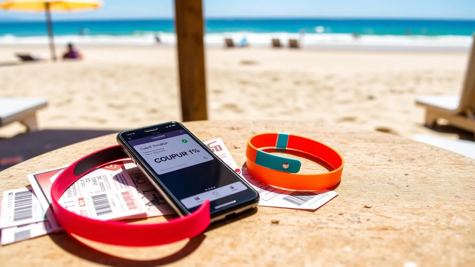 Attraction tickets, wristbands and a phone showing a discount on a beachside table