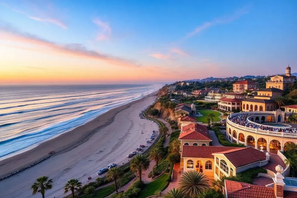 Del Mar coastline with bluff-top homes, the beach below, and the racetrack in the distance
