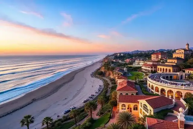 Del Mar racetrack and beach with cliff-top homes overlooking the Pacific in San Diego