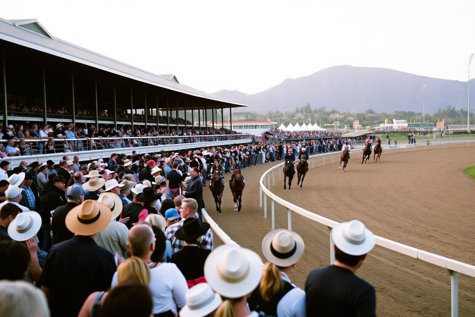 Crowd in sun hats watching thoroughbreds round the turn at a seaside California racetrack
