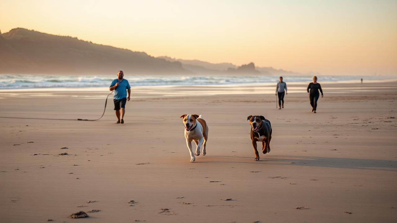 Two dogs running off leash on a wide San Diego beach at golden hour with owners walking behind