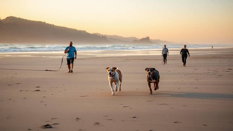 Two dogs running off leash on a wide San Diego beach at golden hour with owners walking behind