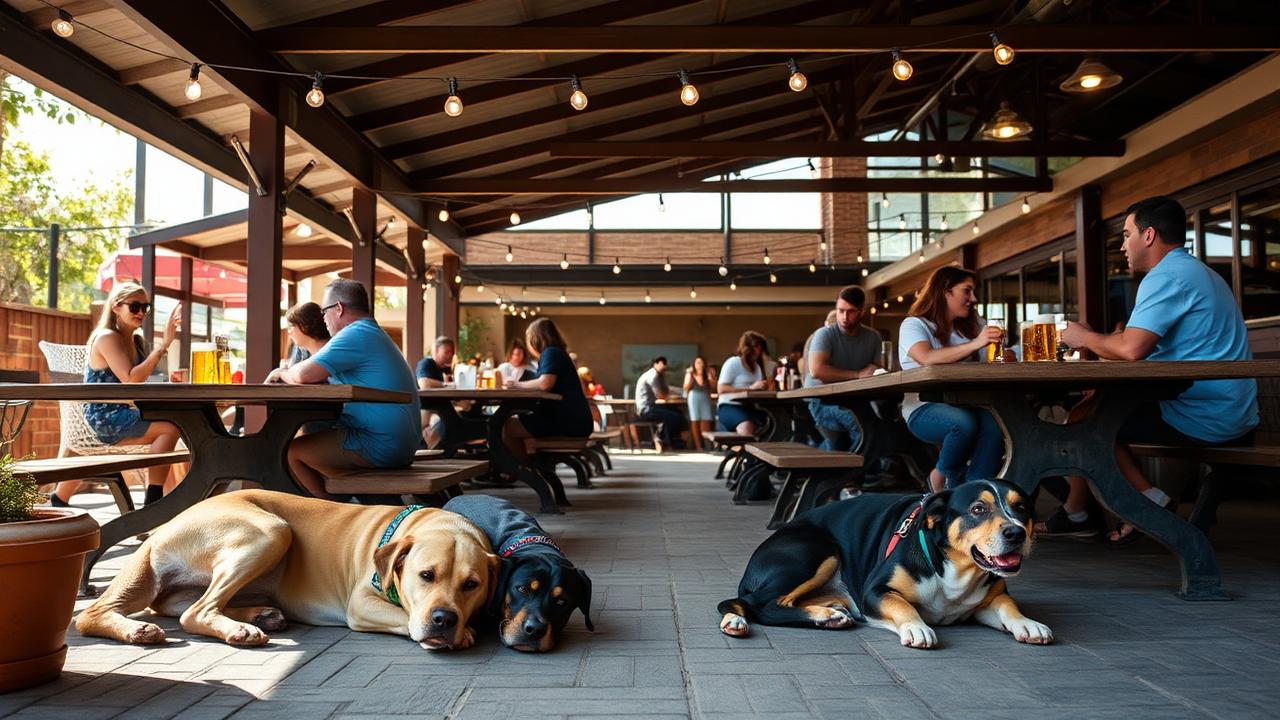 Dogs lying under picnic tables on a sunny San Diego brewery patio while people drink beer flights