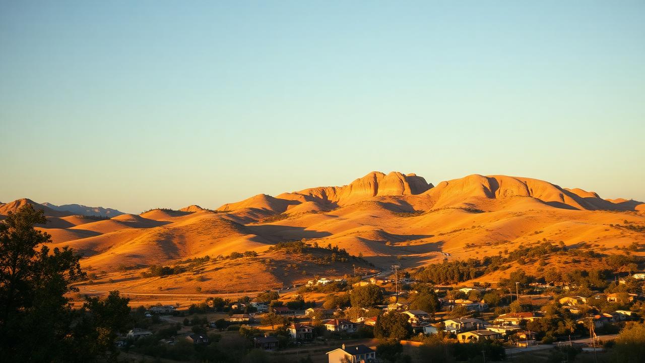 Golden hills and granite boulders above a small East County San Diego valley town at sunset