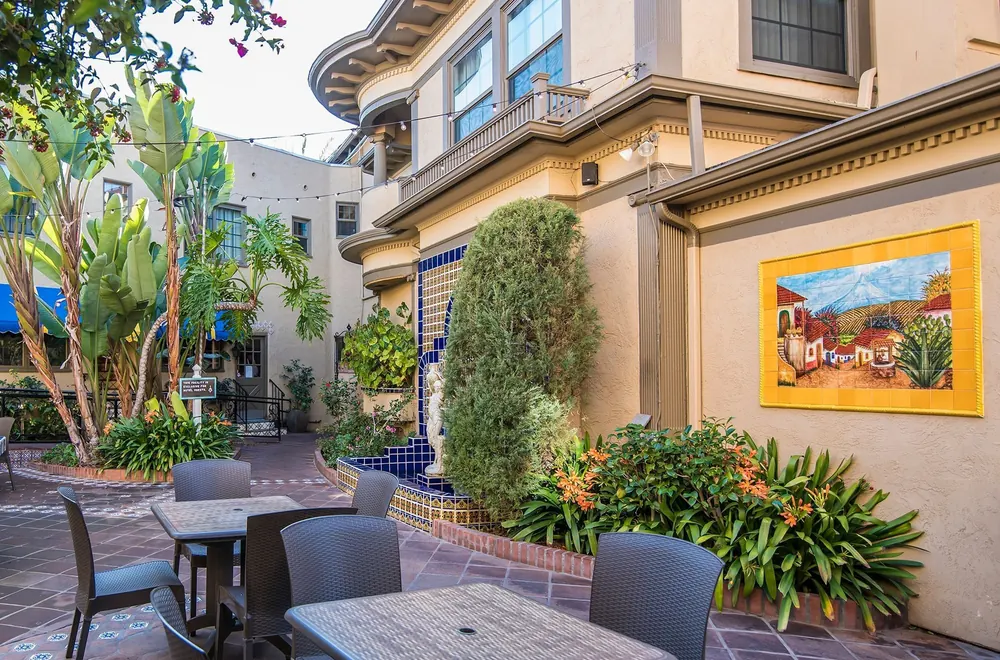 Spanish hacienda courtyard at the El Cordova Hotel in Coronado village