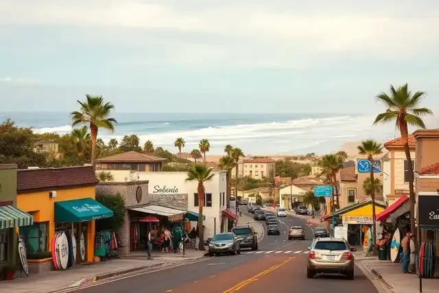Encinitas coastline with Moonlight Beach and coastal bluffs in North County San Diego