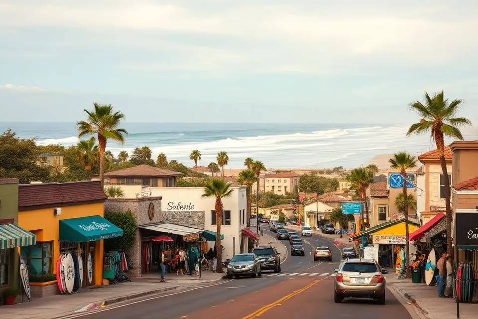 Encinitas coast highway with surf shops, the Self-Realization Fellowship domes, and the ocean beyond
