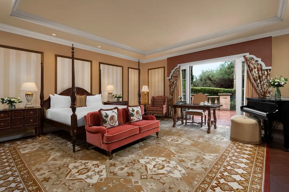 Mediterranean-style courtyard and pool at the Fairmont Grand Del Mar resort in Carmel Valley, San Diego